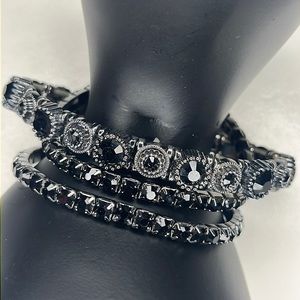Metal and black crystal stretch bracelets. Set of three.
